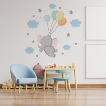 Vinilo decorativo elefánte en el aire con globos para habitaciones en medellín, bogota y cali