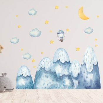 Vinilo decorativo montañas acuarela con luna y estrellas para habitaciones infantile