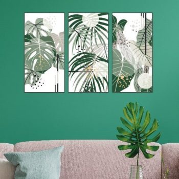 cuadros decorativos tríptoco hojitas verdes trópicales