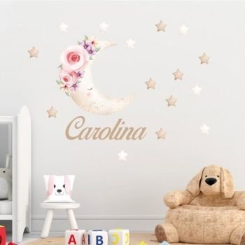 Vinilo Decorativo Media Luna Y Flores | Nombre Personalizable