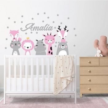 Vinilo Decorativo Animalitos Pink | Nombre Personalizable