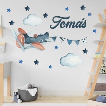 Vinilo Decorativo Avión Acuarela | Nombre Personalizable