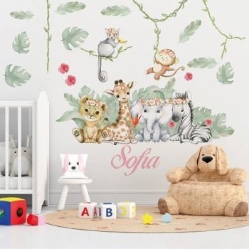 Vinilo Decorativo Jungla Tropical Acuarela Pink | Nombre Personalizable