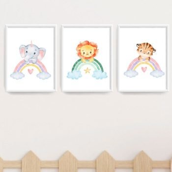 cuadritos infantiles tríptico animalitos color arcoiris