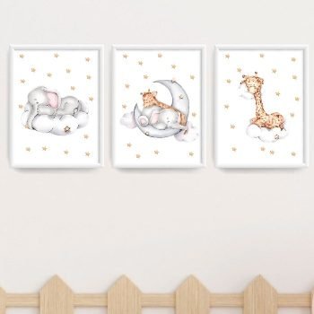 tríptico cuadritos decorativos infantiles animalitos en nube