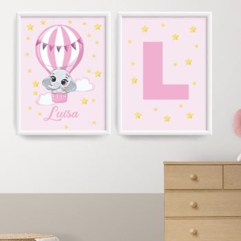 Cuadritos Infantiles Con Marco Elefantica Globito Pink | NOMBRE PERSONALIZABLE