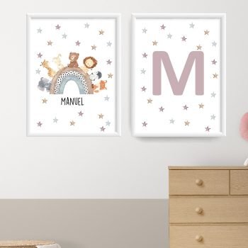 Cuadritos Infantiles Con Marco Arcoíris y Animalitos Selváticos| NOMBRE PERSONALIZABLE