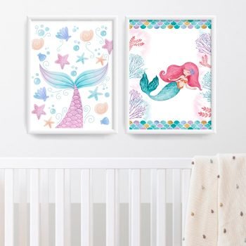cuadritos decorativos infantiles sirena acuarela