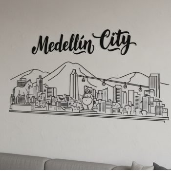 Vinilo Decorativo silueta de la ciudad de Medellín , sticker para deorar paredes de Medellín, decoración de habitaciones con adhesivos. decoración de apartamentos